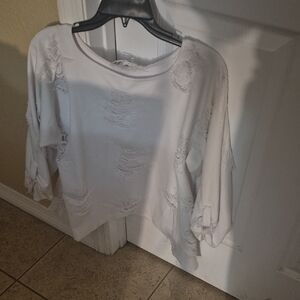 Stylish Distressed Long Sleeve Top in White